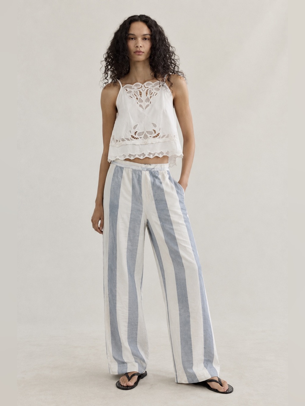 Melanie Lynne Striped Wide-Leg Linen Pants in Blue and White Size M/L - Picture 1 of 9